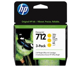 3 Tinteiros Originais, HP 712 Amarelo 29ml