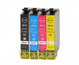 4 Tinteiros Compativeis, Epson T1811-T1814 / 18 XL Preto 17ml + Cor 13ml