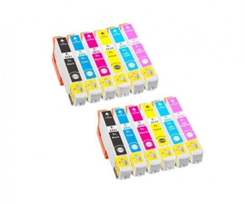 12 Tinteiros Compativeis, Epson T2431-T2436 / 24 XL Preto 13ml + Cor 13ml