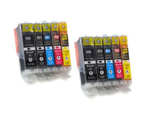 10 Tinteiros Compativeis, Canon PGI-550 XL / CLI-551 Preto 22ml + Cor 13ml