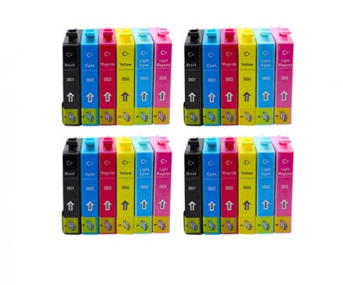 24 Tinteiros Compativeis, Epson T0801-T0806 Preto 13ml + Cor 13ml