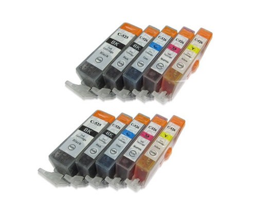 10 Tinteiros Compativeis, Canon PGI-525 / CLI-526 Preto 19.4ml + Cor 9ml