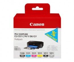 6 Tinteiros Originais, Canon PGI-550 / CLI-551 Preto 15ml + Cor 7ml