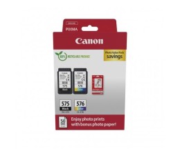 2 Tinteiros Originais, Canon PG-575 / CL-576 Preto 5.6ml + Cor 6.2ml + 50 Folhas 10x15cm