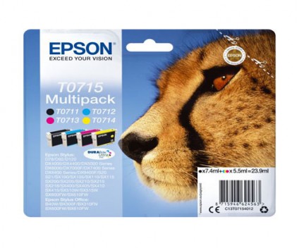 4 Tinteiros Originais, Epson T0715 / T0711-T0714 Preto 7.4ml + Cor 5.5ml