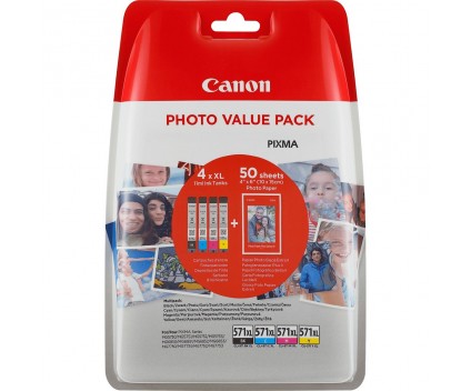 4 Tinteiros Originais, Canon CLI-571XL Cor 11ml  + 50 Folhas 10x15cm